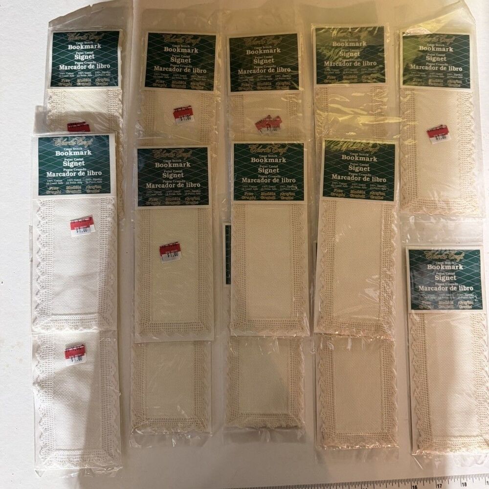 Vtg Lot Of 14 Charles Craft Lace Edged Bookmark 3"X8" Ivory/Beige “BOOKWORM”